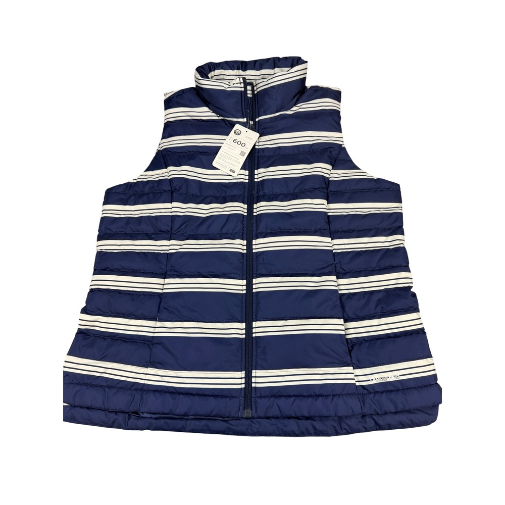 Lands End Kids Navy White Striped Down Puffer Vest 600 Fill Power L 14-16 NWT